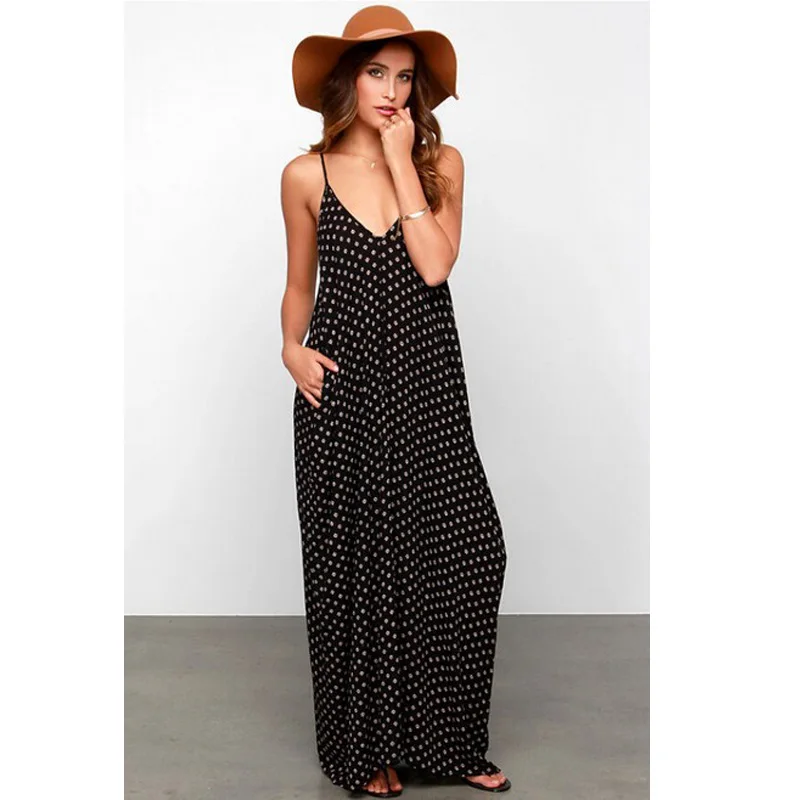 Женское богемное платье летнее черное в горошек без рукавов на бретельках с