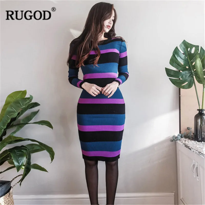 Женское платье с длинным рукавом RUGOD теплое зимнее средней длины в полоску vestidos