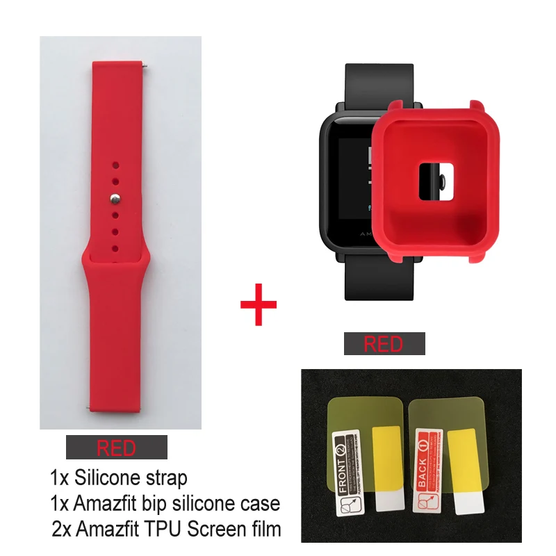 Red strap-red 4в1/упаковка силиконовый мягкий ремешок для Xiaomi Huami Amazfit Bip BIT Молодежные часы браслет резиновый Amazfit bip чехол Крышка - Цвет: Red strap-red