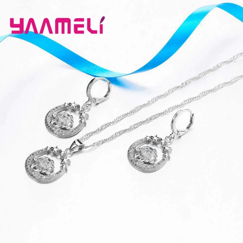 ЯМЕЛ Милый обезьянка формы со звездами 925 Серебряное колье с серьгами Набор женщин девочек Ювелирные изделия День рождения Подарок Высокое Качество