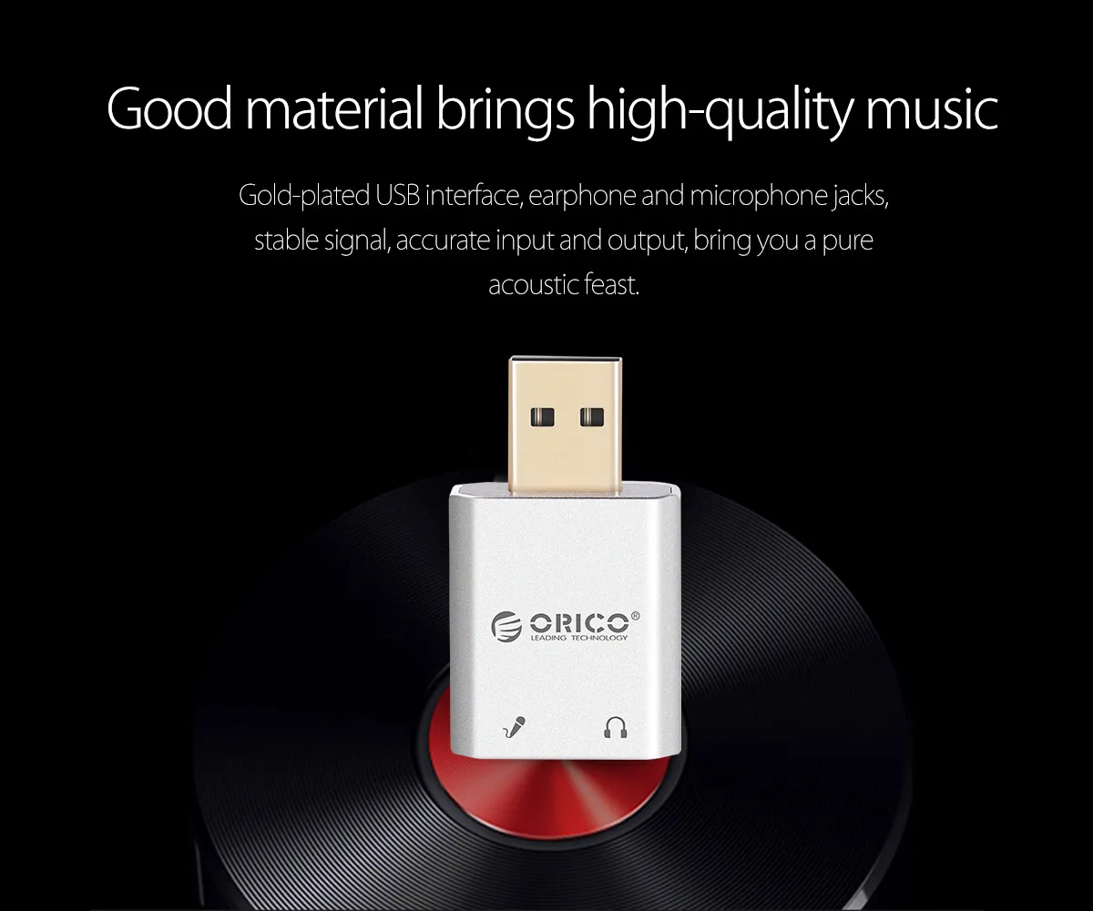 ORICO, внешняя USB звуковая карта, стерео микрофон, динамик, гарнитура, аудио разъем, 3,5 мм, кабель, адаптер, отключение звука, регулировка громкости, свободный привод