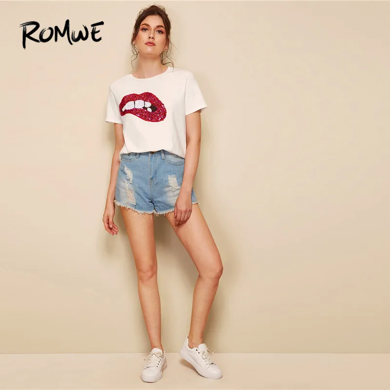 ROMWE белый короткий рукав Футболка с круглым вырезом, расшитые блестками, Sparkely блестящие уютный костюм с принтом в виде губ Для женщин футболка модные летние топы