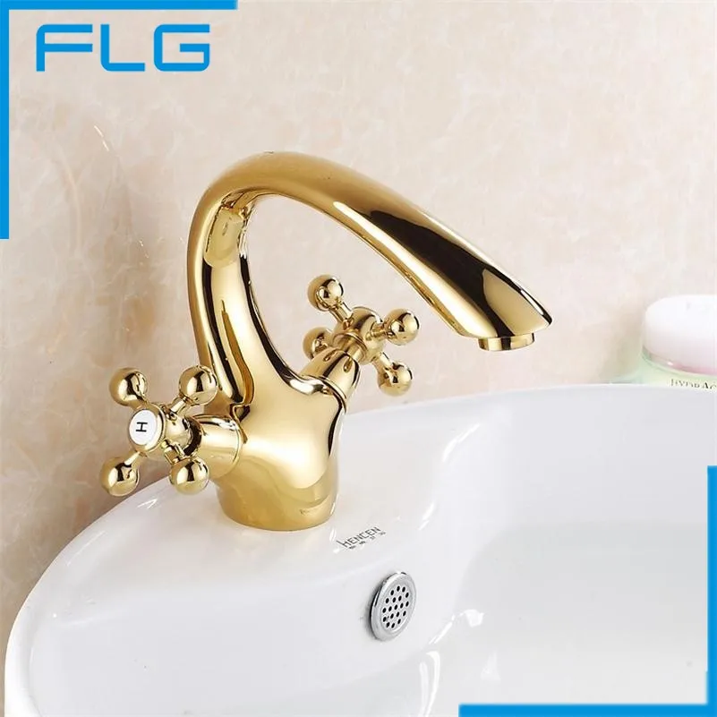 Бесплатная доставка двойной ручкой Золотой латунь кран Ванная комната смеситель