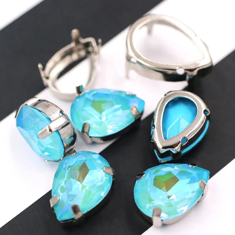 Sea blue Новинка, Каплевидная форма, ФЛУОРЕСЦЕНТНОЕ стекло мокко, кристалл, пошив, Полое Основание, серебряная коготь, установка, стразы с плоским основанием для одежды - Цвет: Sea blue