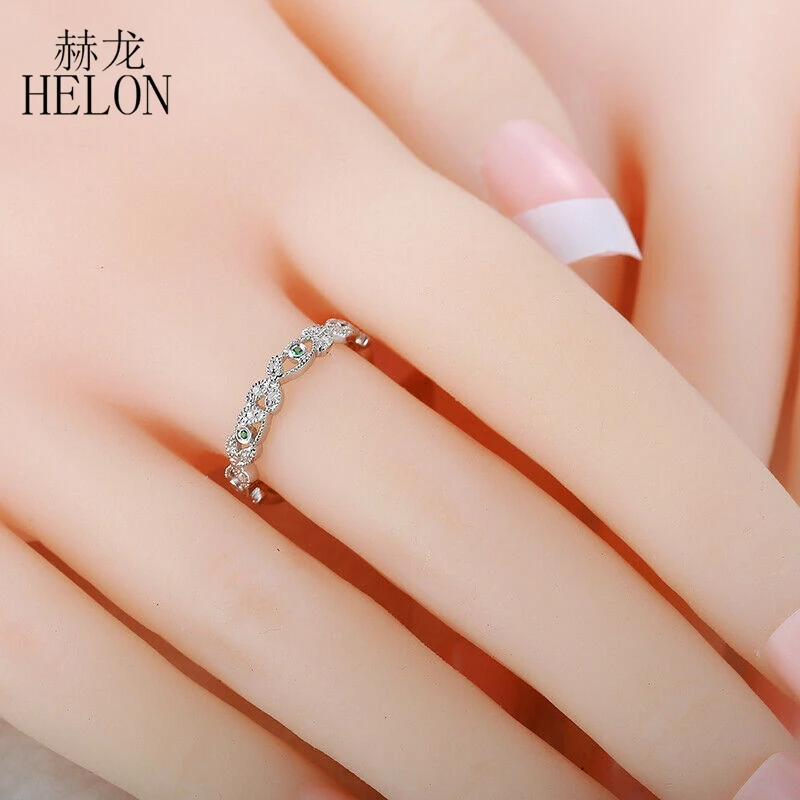 HELON Solid 14K(AU585) белое золото 0.2CT натуральные бриллианты изумруд тонкой свадьбы юбилей кольцо женские модные праздничные ювелирные изделия