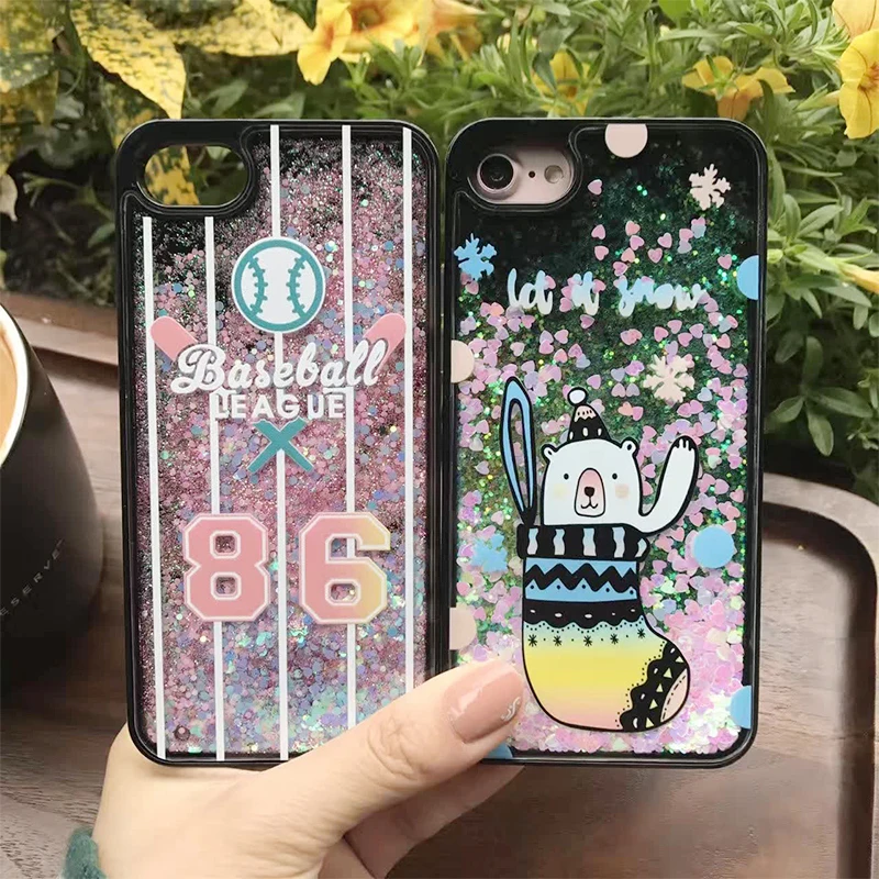 Dinosaur Stars planets soft edge liquid back cover Phone Case for iPhone 7 6 6s plus Dynamic Colorful Quicksand Glitter Flamingo |