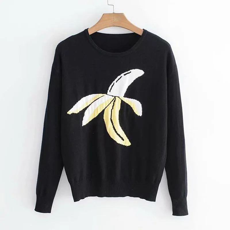 Elegant Women's 2018 Autumn Retro Exquisite Banana Embroidery Wild Foundation Round Neck Pullover Long Sleeve Sweater | Женская