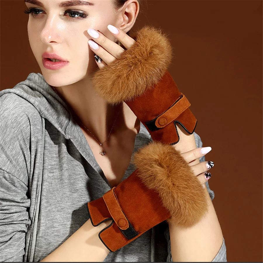 Suede Genuine Leather Gloves Woman Half Finger Gloves Autumn /Winter Plus Cashmere Thick Warm Cute Rabbit Hair Students  MK17-5