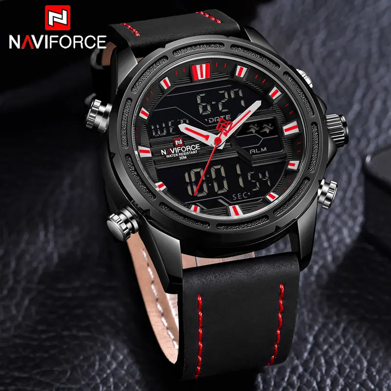 NAVIFORCE Мужские часы от бренда класса люкс мужские кожаные спортивные часы мужские кварцевые светодиодный цифровые часы водонепроницаемые военные наручные часы