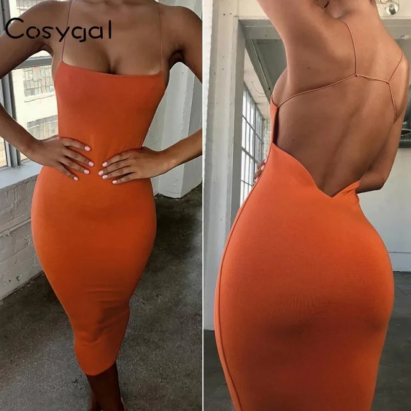 COSYGAL без спинки Спагетти ремень Bodycon Платье длинное летнее платье миди без рукавов вечерние платья ночной клуб платья для женщин