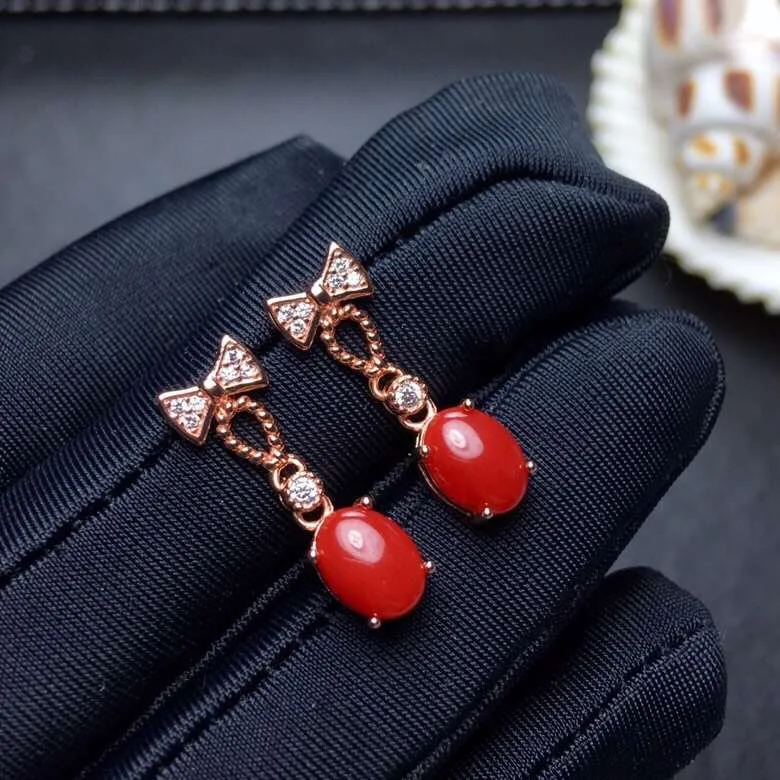 

charming red coral stud earrings for women ornament with bowtie gem real 925 rose gold plated color natural coral eyecatching