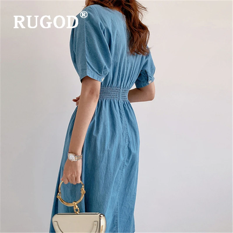 RUGOD корейское тонкое джинсовое женское платье с коротким рукавом и v-образным