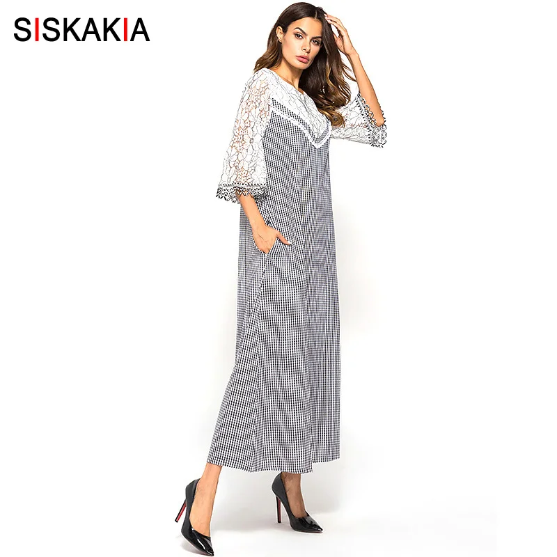 Siskakia, длинное платье макси, клетчатое, лоскутное, кружевное, дизайнерское, тонкое, свободное платье, повседневное, с вырезами, с расклешенными рукавами, для женщин, платья, Израиль, серый - Цвет: Gray dress