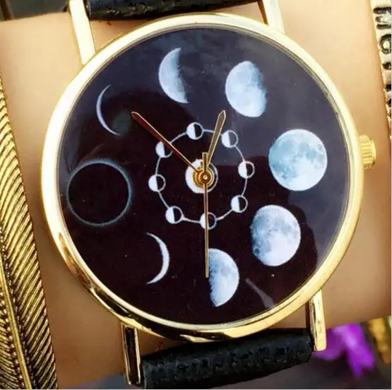 Солнечная Луна фаза Луны часы Eclipse женские стильные кварцевые с кожаным ремешком