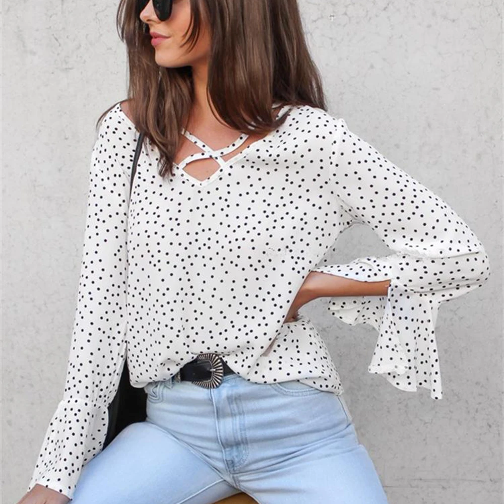 Big V-neck Dot Print Blouse Women Autumn Chiffon Flare Sleeves Blouses Long Puff Female Shirts Elegant Tops Women's Wear |