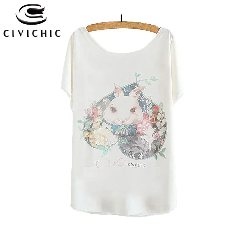 

CIVI CHIC Spring Summer Cute Tees Korea Style Cartoon Lovely Rabbit Floral Printed Women T-shirt One Size Bat Sleeves Tops WST62