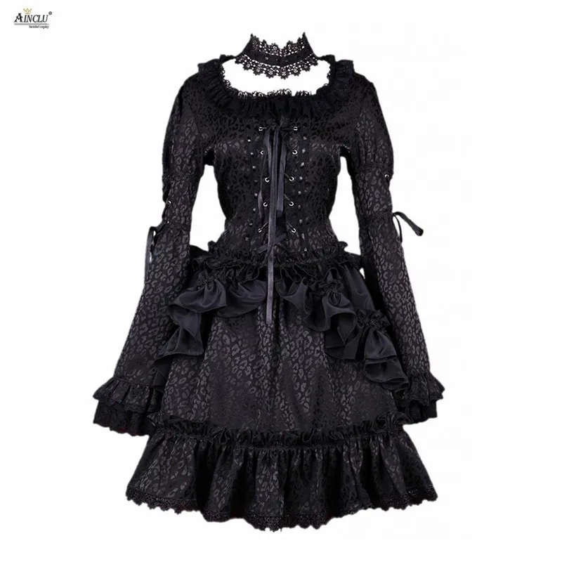 Ainclu женские XS-XXL черный атлас квадратный воротник с длинными рукавами оборками Косплей Костюм Готический Лолита платье