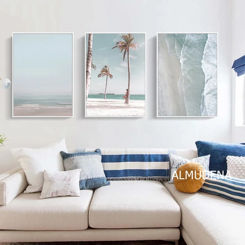 Скандинавский постер океанских волн Картина на холсте Пляжная пальма