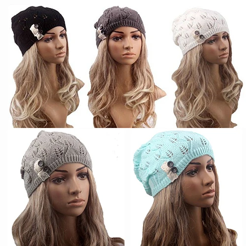Женская кружевная шапка на пуговицах теплые вязаные вещи для зимы мешковатый