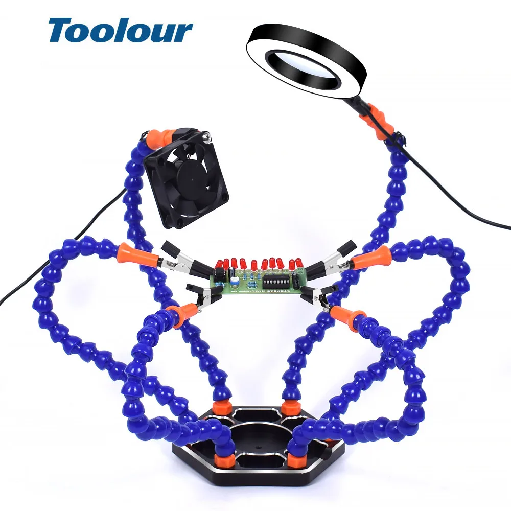 Паяльная рабочая станция Toolour Help Hands с тремя ручками, 6 гибких рычагов с точностью 360 градусов, зажим типа крокодил, USB, 3X лупа