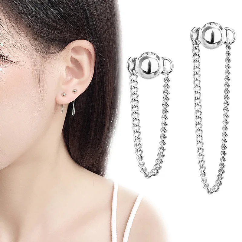 Серебряные круглые серьги-гвоздики с бусинами и цепочкой 925, оригинальные серьги с задней подвеской для женщин, минималистичное ювелирное изделие в подарок