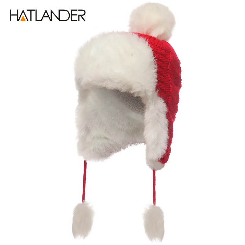 

[HATLANDER]2017 Russian Women Bomber Hats Pompom Fleece Earflaps Cap Beanie Outdoor Warm Skullie Female Faux Fur Ball Winter Hat
