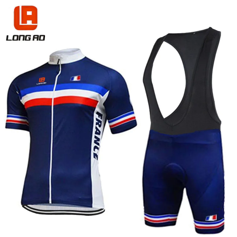 LA113 bib set Длинные AO Франция велосипедная команда синяя мужская с коротким рукавом Велоспорт Джерси Короткие Наборы летняя гоночная одежда профессиональная велосипедная команда одежда - Цвет: LA113 bib set