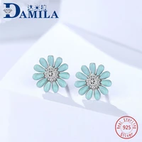 blue daisy 925 sterling silver earrings for women silver s925 jewelry stud earrings cubic zirconia stone earing for female girls