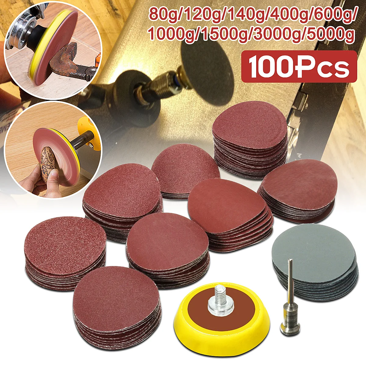 

100pcs 25mm/1inch Sandpaper + 1pcs 1inch Hook Loop Backer Plate 1/8inch Shank + 1pcs Loop Sanding Pad Abrasives Mixed Polishing