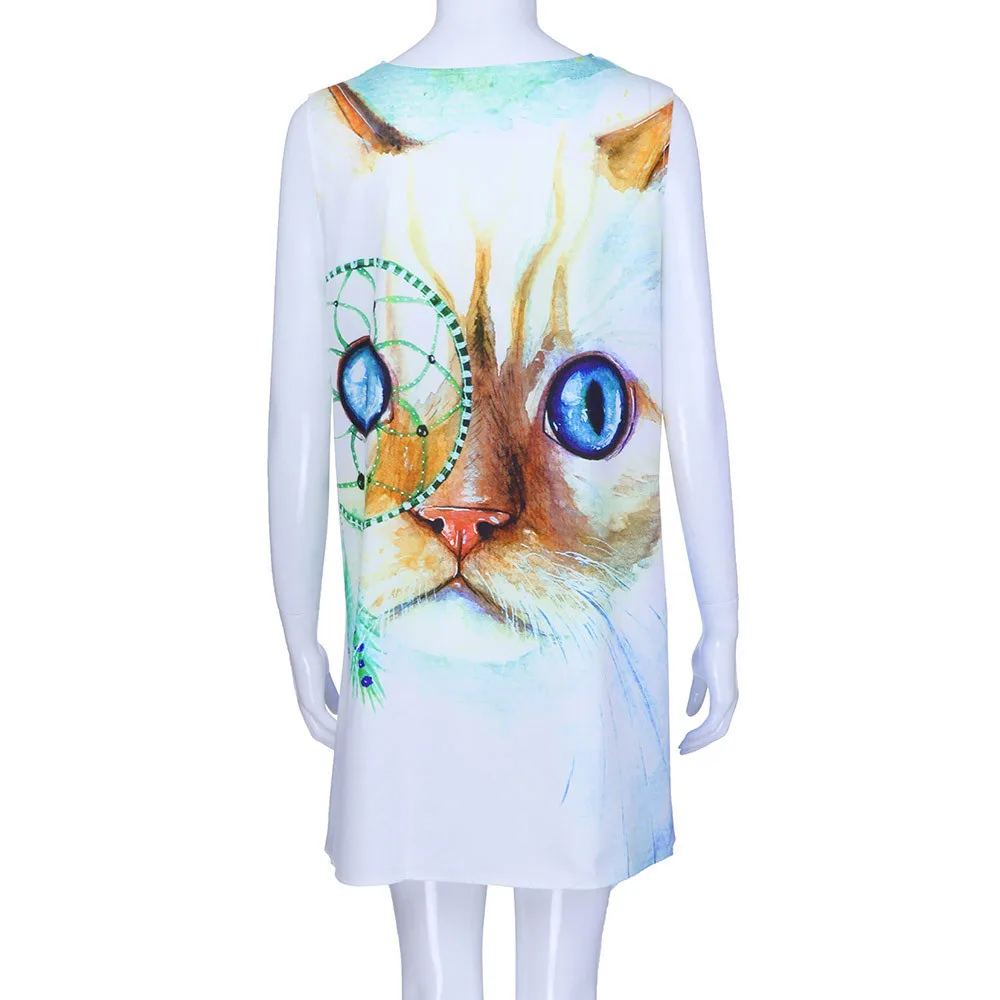 Женское свободное летнее платье без рукавов с круглым вырезом и принтом котенка