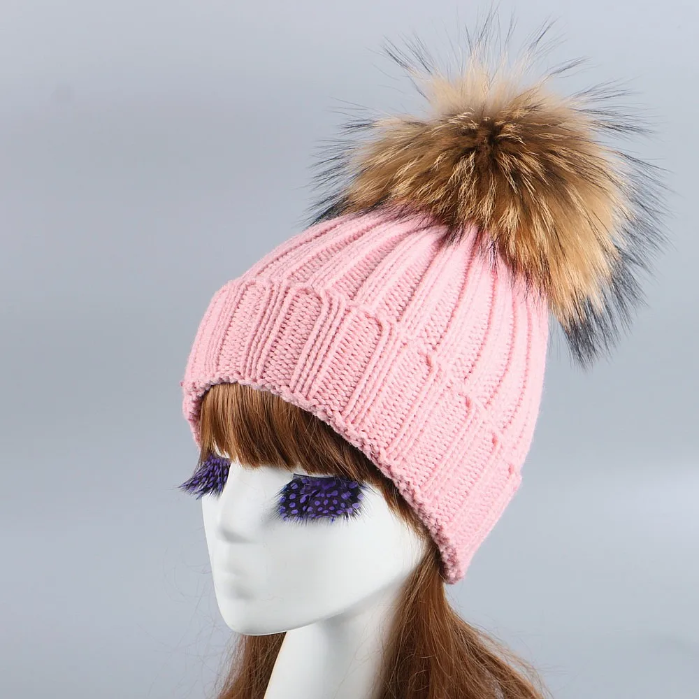 Шапка с помпонами из меха норки и лисы зимняя женская шапка вязаная шерстяная для