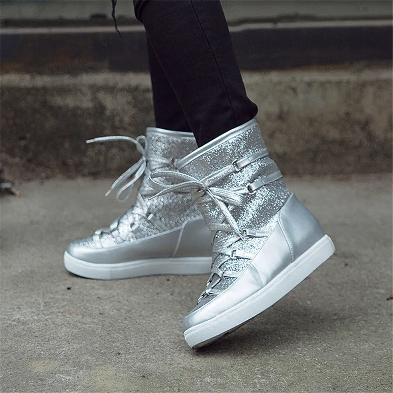 Женские ботинки YMECHIC зимние блестящие на платформе золотого серебряного цвета с