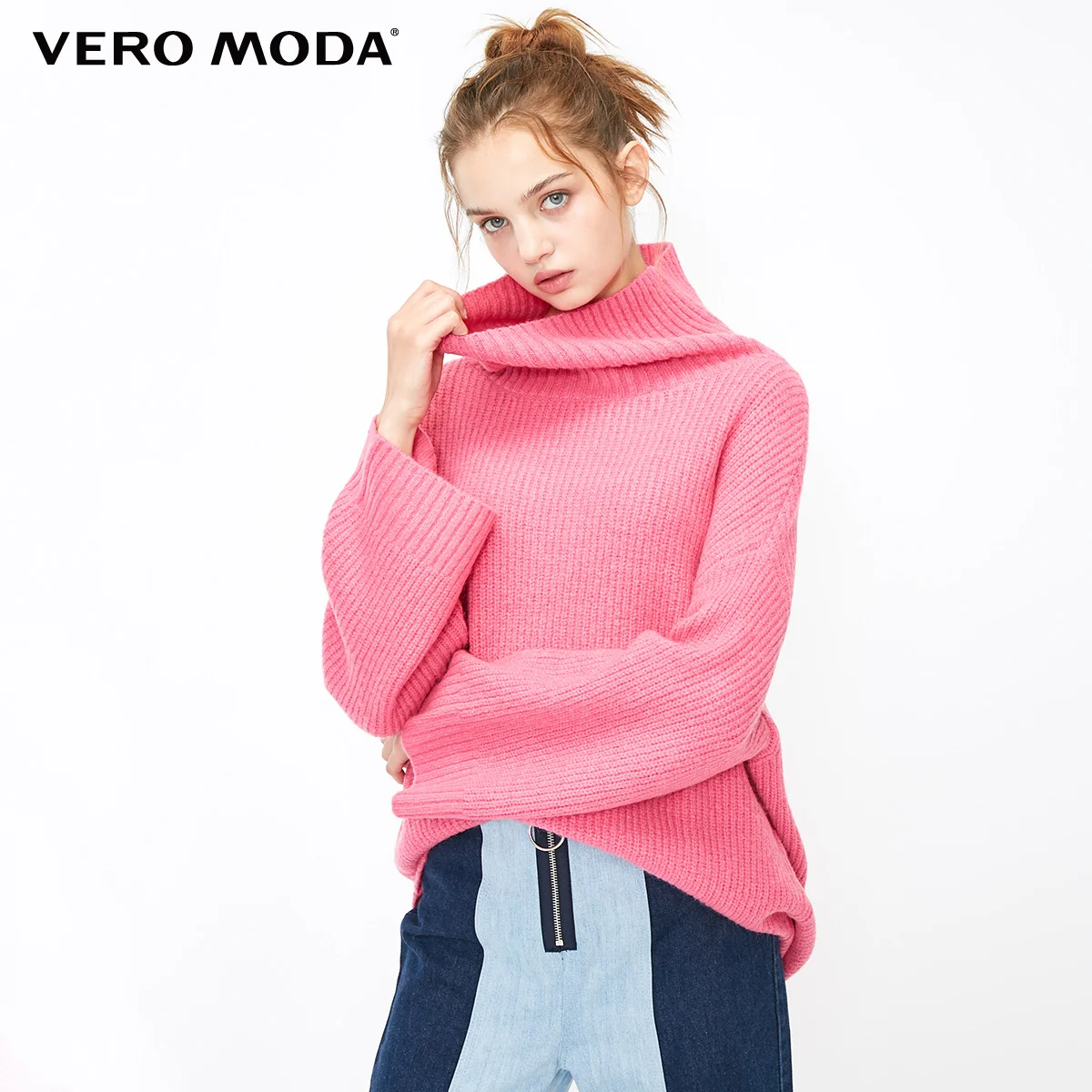 Carmine rose Vero Moda женский свитер свободного кроя с высоким воротником с заниженным плечом | 318413560 - Цвет: Carmine rose