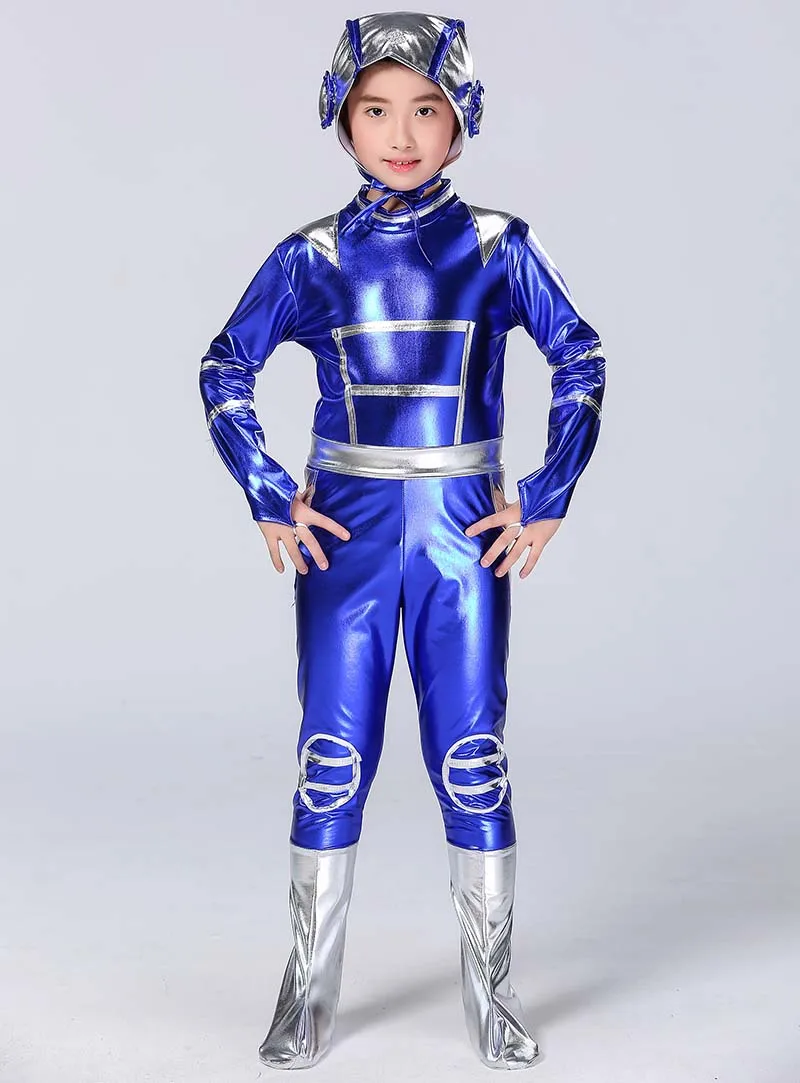 Детский костюм робота серебристого и синего цвета трико Одежда для танцев на