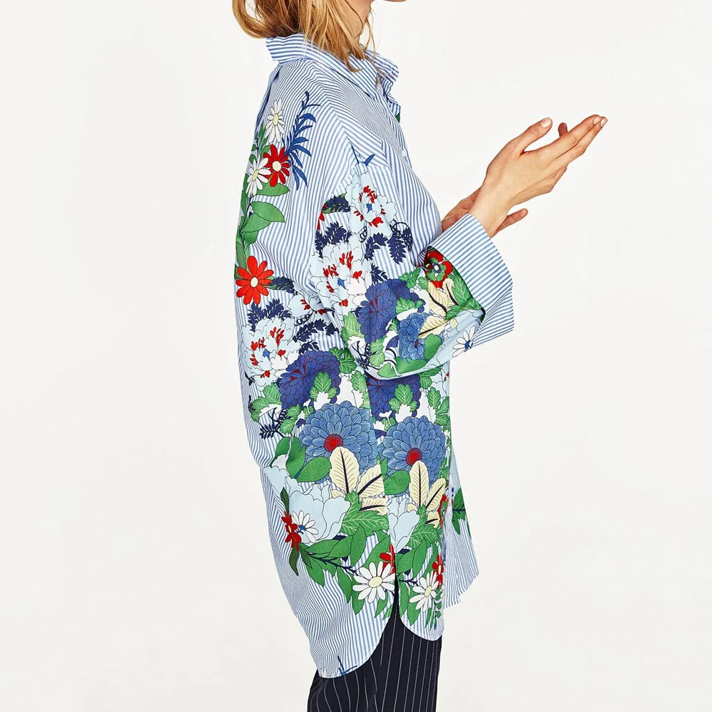 Oversized Vintage Striped Floral Turn-down Collar Long Shirt 3/4 Sleeve Women Loose Blouse Side Split Tops Brand Streetwear | Женская