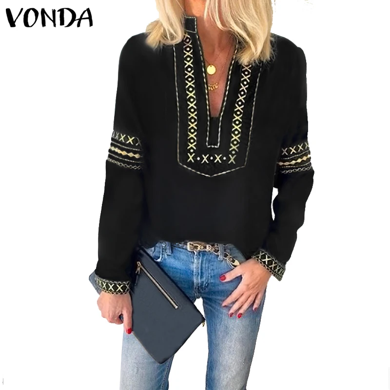 VONDA, женские топы, с принтом, длинный рукав, блузка, осень, сексуальные, v-образный вырез, пляжные рубашки, Ретро стиль, OL Blusas, повседневные, вечерние, топ размера плюс