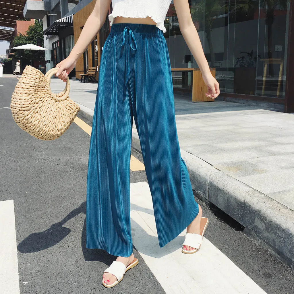 

Summer fashion explosion women's solid color pleated high waist drawstring folds elastic waist wide leg pants шорты женские 40*