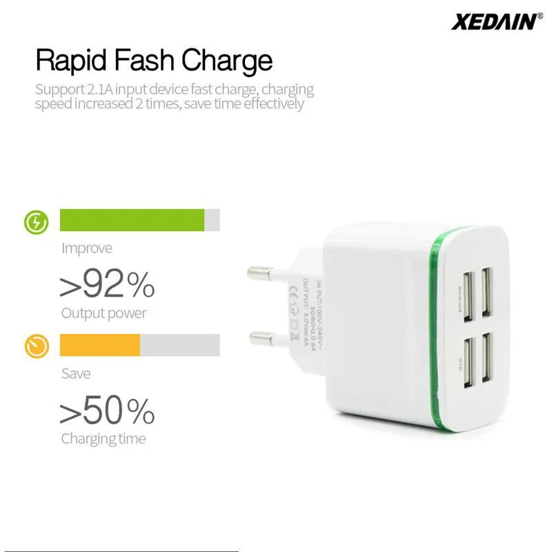 XEDAIN, 4 usb порта, зарядное устройство для телефона, 5 В, 4 а, зарядное устройство с европейской вилкой, дорожное настенное зарядное устройство, адаптер, светодиодный светильник, зарядка для мобильного планшета, Mp3