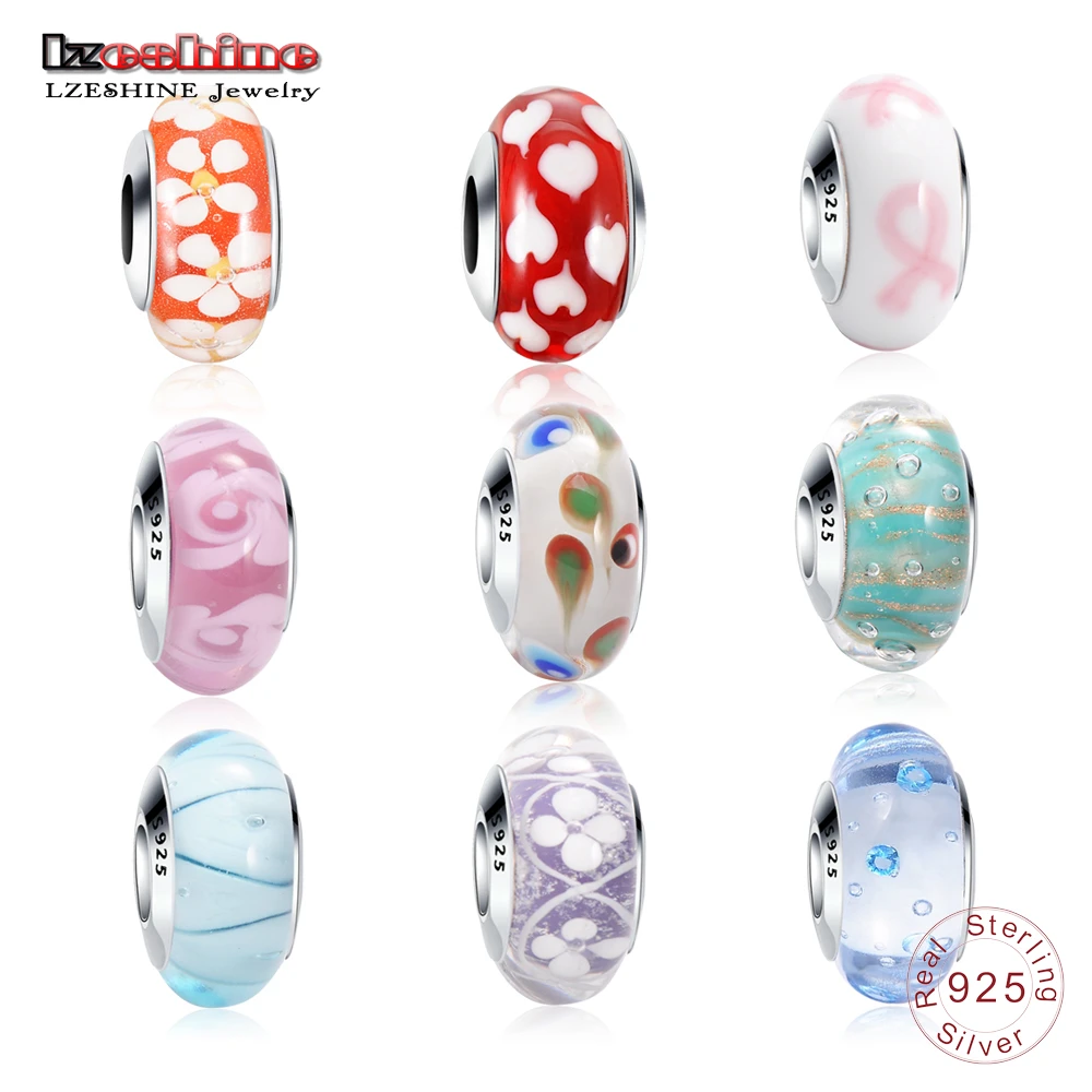 LZESHINE 100% 925 пробы серебряные бусины Мурано Стекло бисера Fit Pandora оригинальный Шарм