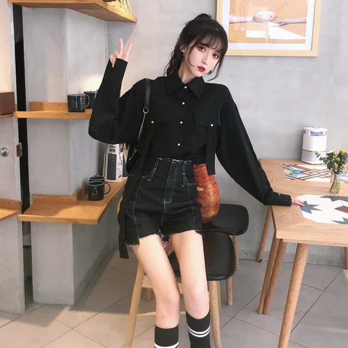 Рубашка с длинным рукавом женские черные шорты завышенной талией шикарные