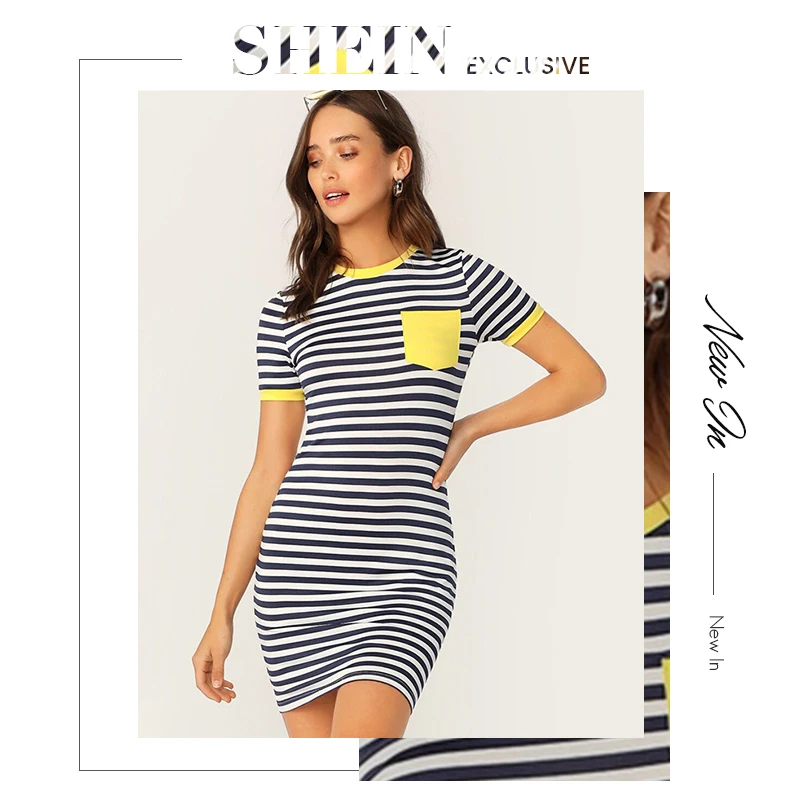 SHEIN полосатая футболка с карманом и заплатками, Повседневное платье для женщин, короткий рукав, Опрятный дизайн, круглый вырез, летнее платье, облегающее платье