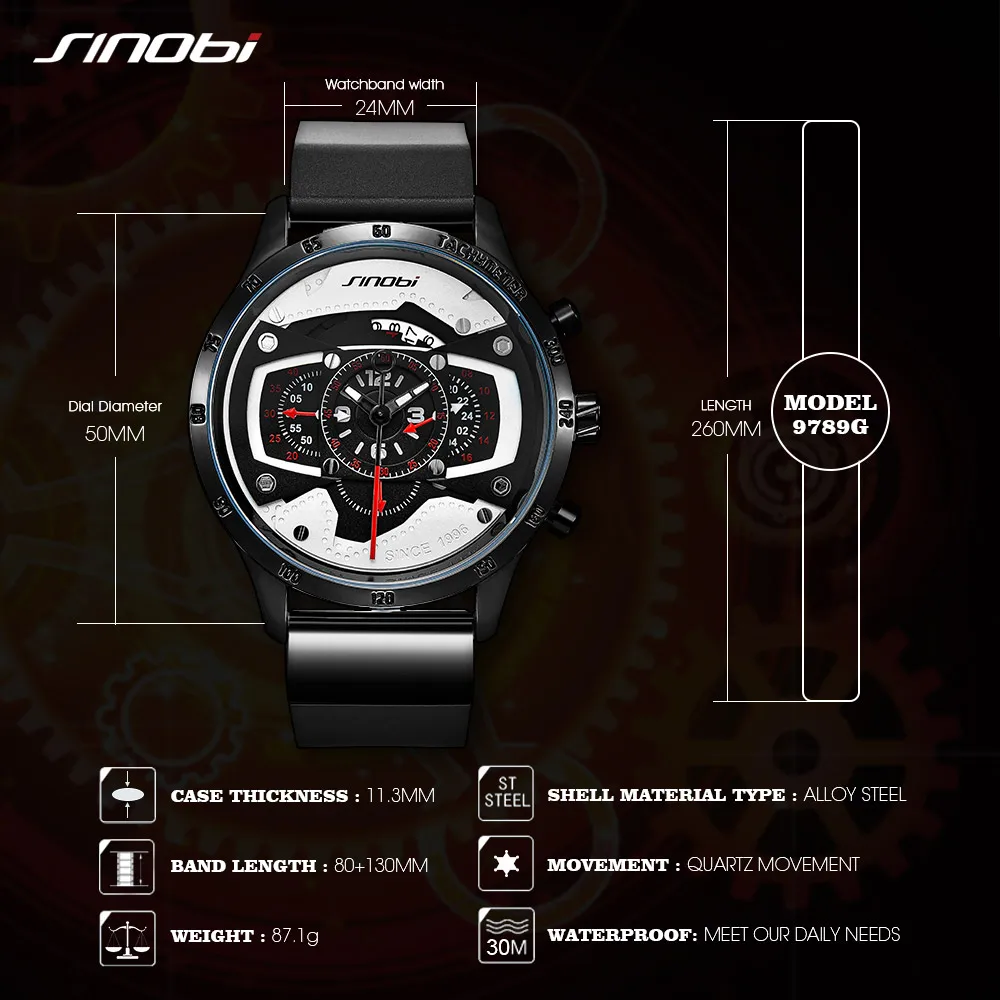 Часы SINOBI Мужские наручные кварцевые креативные брендовые Роскошные модные