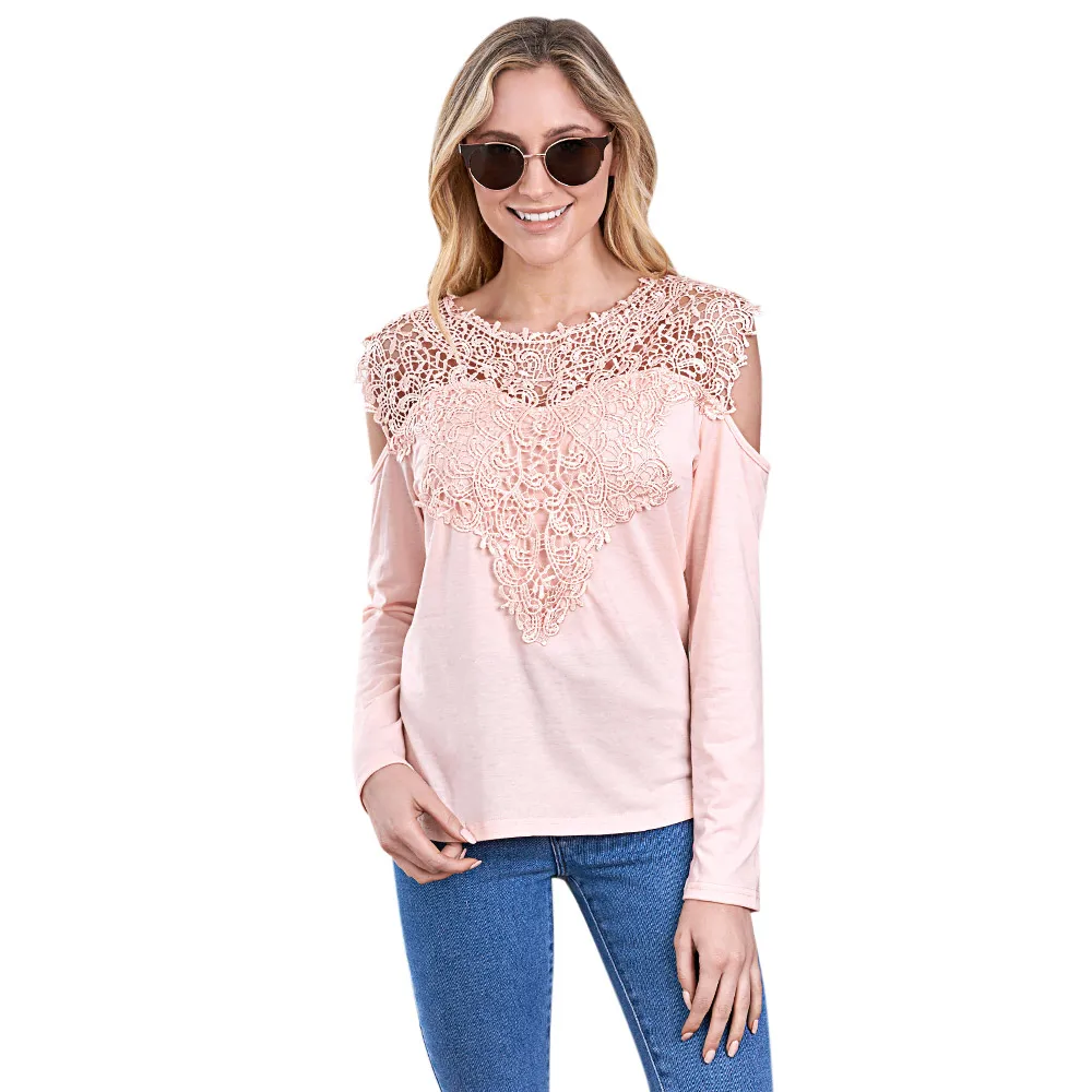 Сращены Кружевная футболка круглый вырез горловины Long Sleeve Cold Shoulder одноцветное