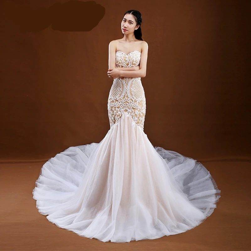 

Bohamin Real Images Vintage Mermaid Wedding Dresses Beading Embroidery Appliques Lace Elegant Bride Dresses Vestido De Noiva