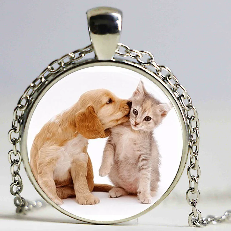 Длинная подвеска с логотипом влюбленных собак и кошек ожерелье в винтажном стиле