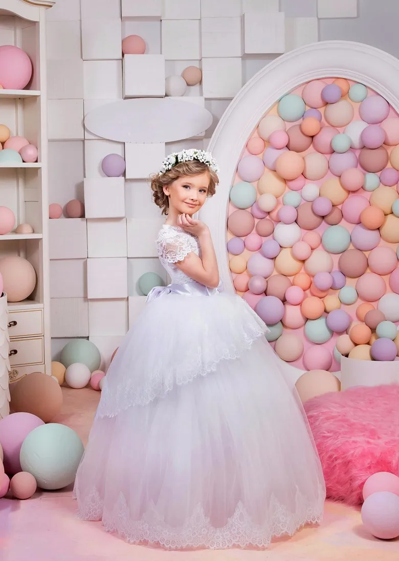 2018 Romantic White Lace Flower Girl Dress for Weddings Bow Belts Party First Communion Tulle Pageant Gown | Детская одежда и