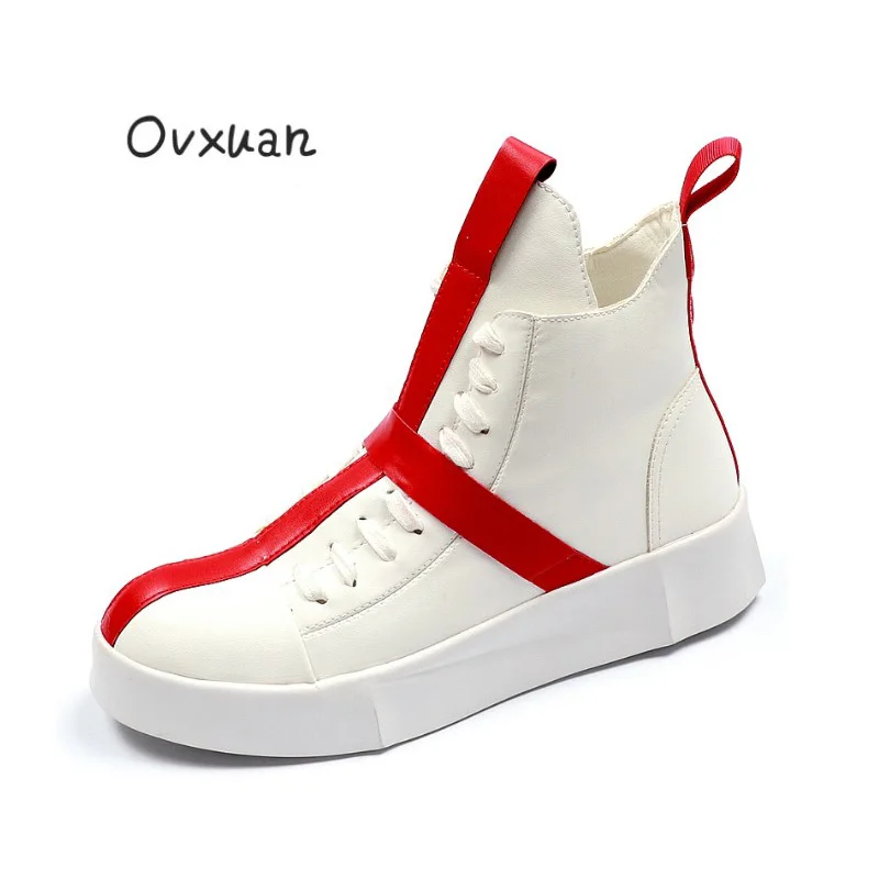

OVXUAN Concise Design Ankle Boots Men Thick Bottom Red Cross Ribbon Casual Leather High Top Shoes Street Style Botas Hombre 2021