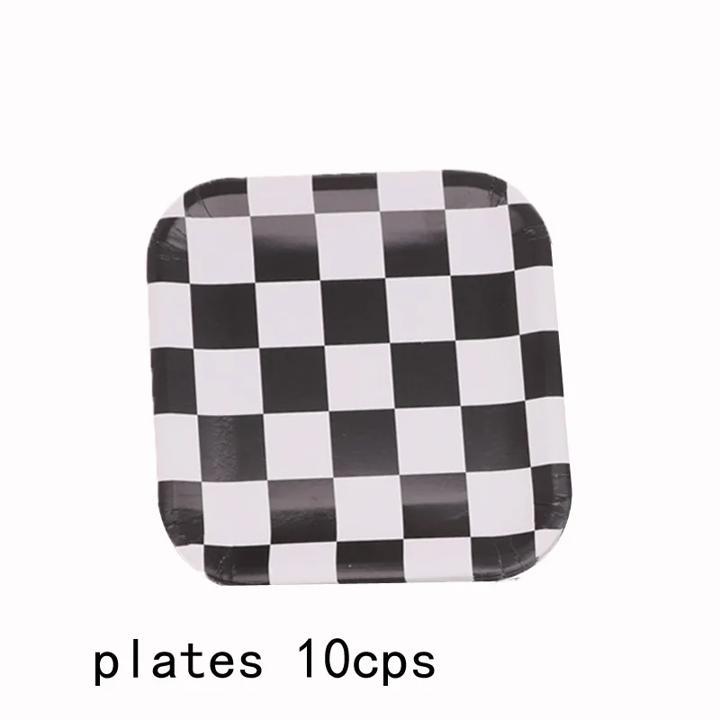 plate 10pcs Черно-белый клетчатый Шахматный набор для вечеринки, столовая посуда, тарелка для чашек, соломенная коробка для конфет на день рождения, вечерние украшения для детского душа - Цвет: plate 10pcs