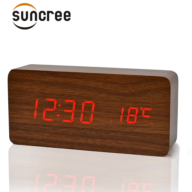 Suncree Деревянный Будильник Vioce контроль цифровой температуры + дата время Despertador
