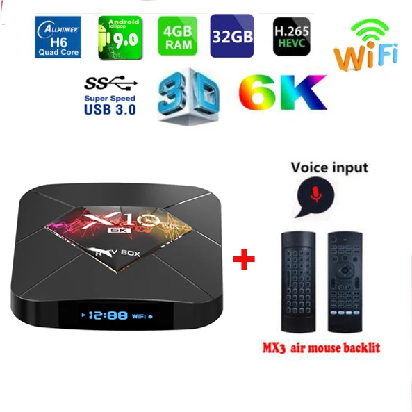 Приставка Смарт ТВ X10 Plus Android 9 0 air mouse Allwinner H6 2 4 ГГц Wi Fi + 32/64 ГБ USB 3 0|ТВ-приставки и